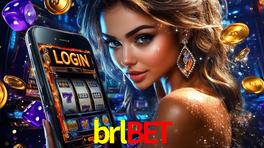 Mulher glamorosa segurando um smartphone com a tela de login para os jogos de caça-níqueis do cassino online brlbet, com moedas de ouro e dados ao redor.