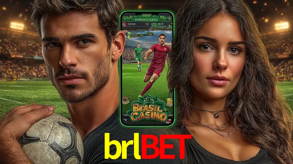 Homem segurando uma bola de futebol e uma mulher ao lado de um smartphone exibindo o jogo de apostas esportivas da brlbet. Faça seu palpite no cassino online.